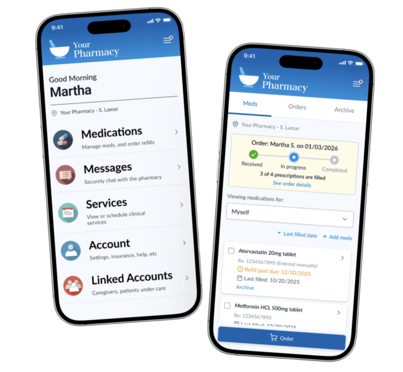 Patient portal mobile app shown on two phones — a home screen with medications, messages and services, and a screen tracking a prescription order