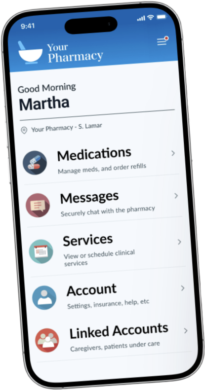 Patient portal home screen with shortcuts for medications, messages, services, account, and linked accounts.