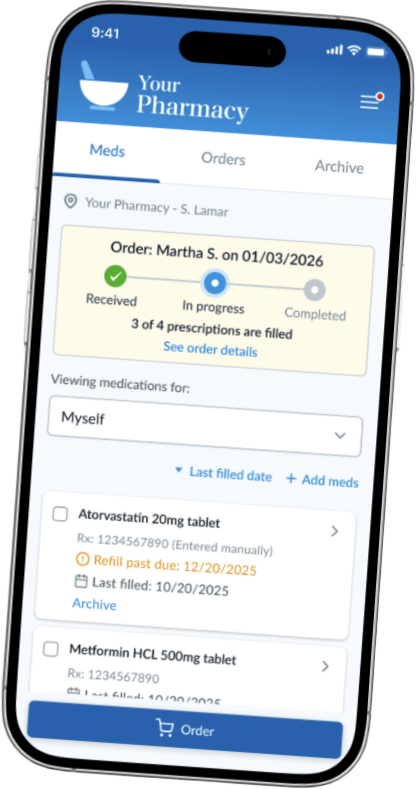 Patient portal medications screen listing prescriptions with refill status and an order progress tracker.